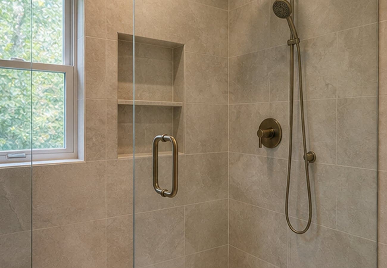 Walk-in shower with warm tile and clear glass enclosure