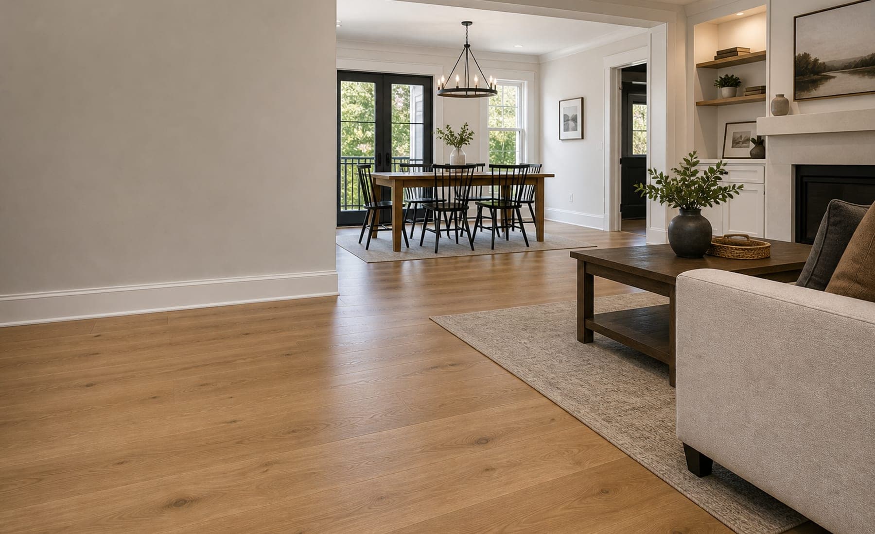 Finished open interior with warm wood-look flooring and clean transitions