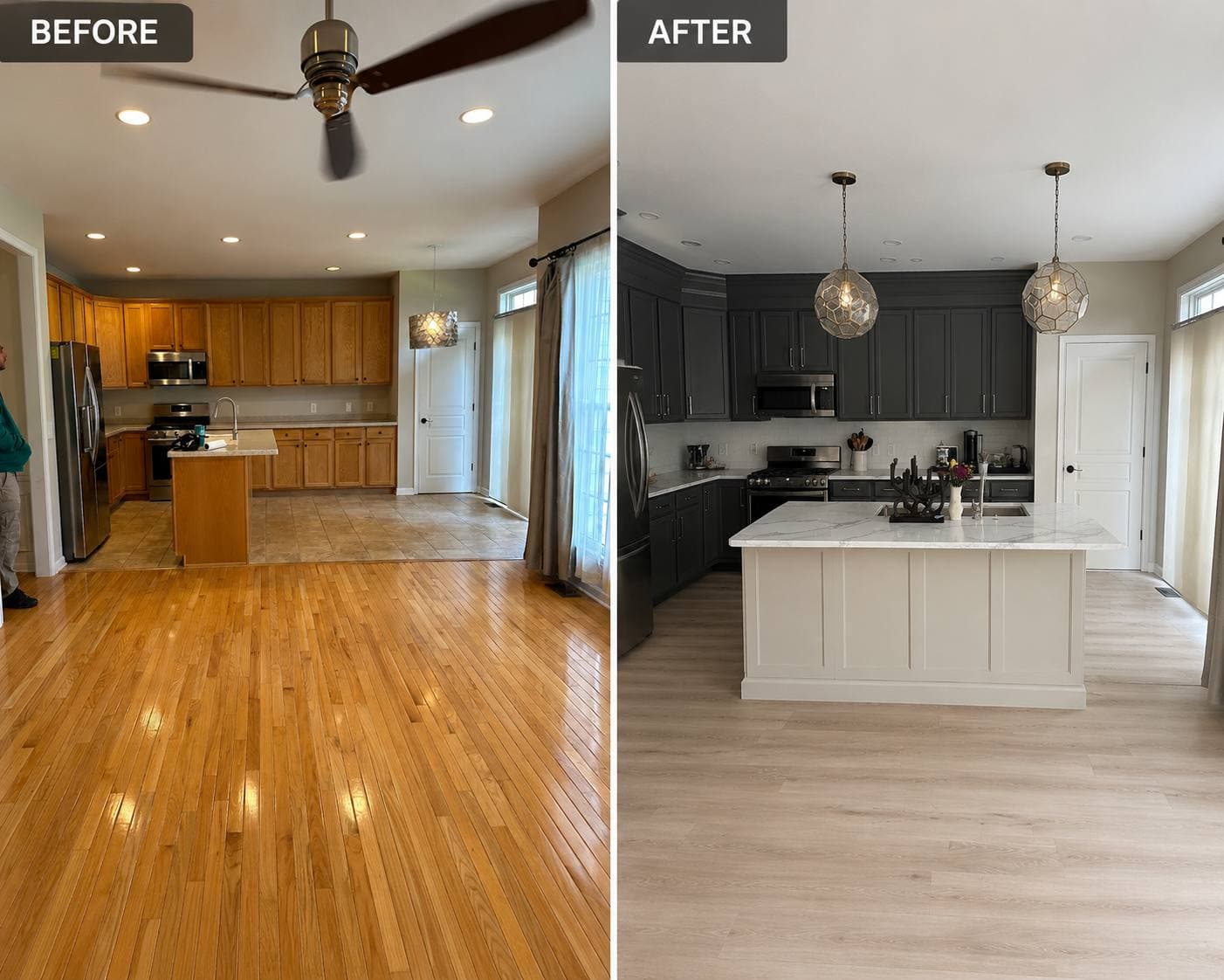 Before and after kitchen remodel showing gray cabinetry, new island, and updated flooring