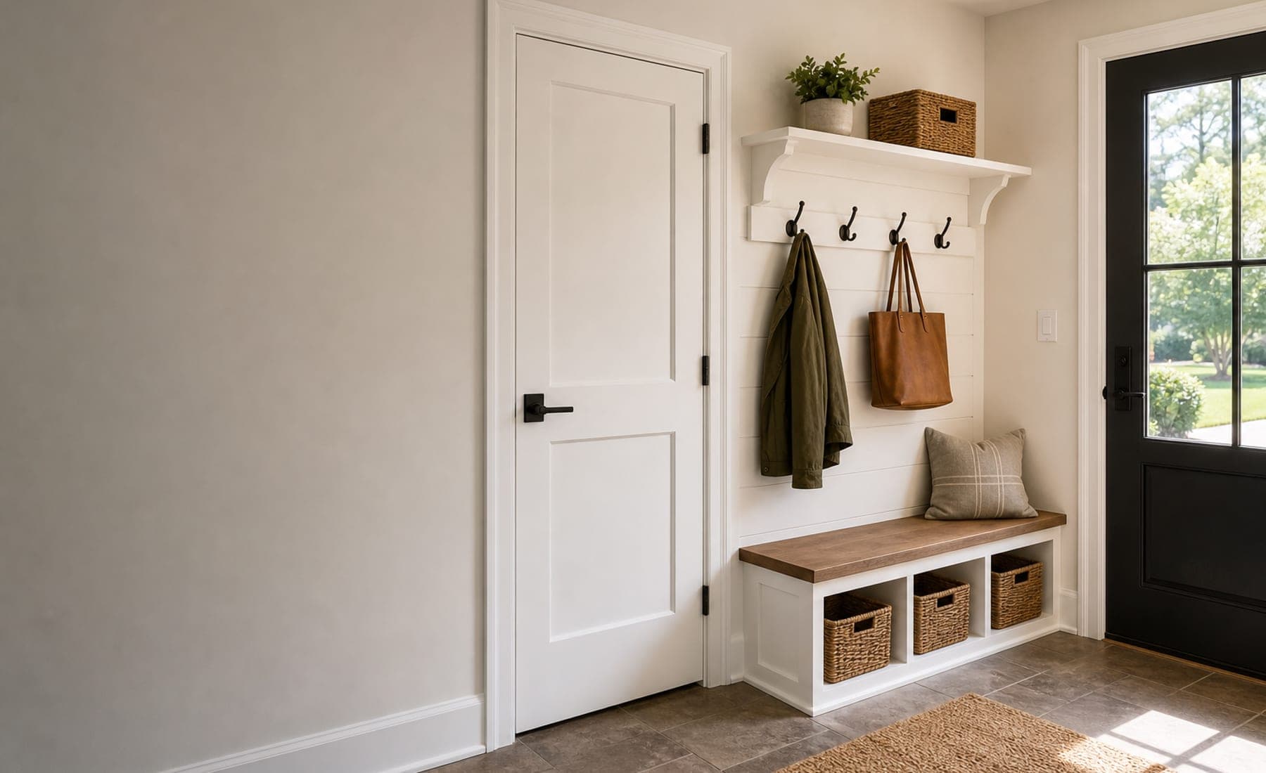 Finished entry repair with clean trim, hooks, bench storage, and interior door