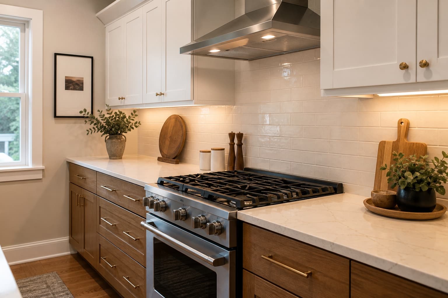 Kitchen range wall with white tile backsplash and warm lower cabinets