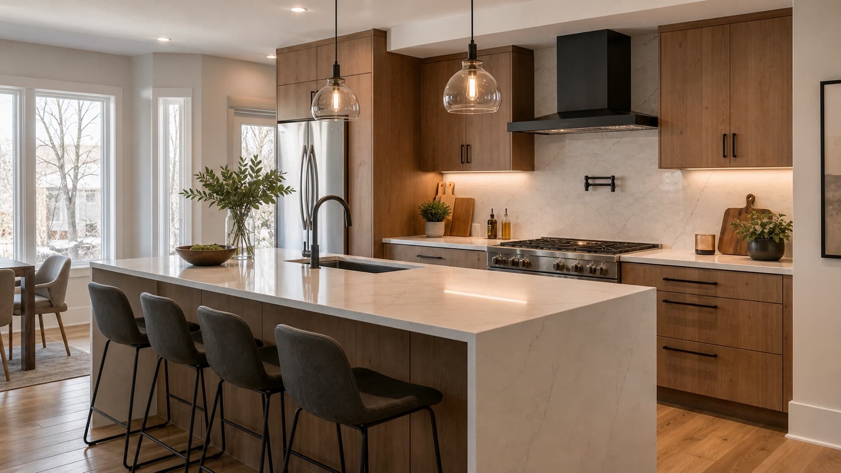 Finished warm wood kitchen remodel with quartz island and pendant lighting