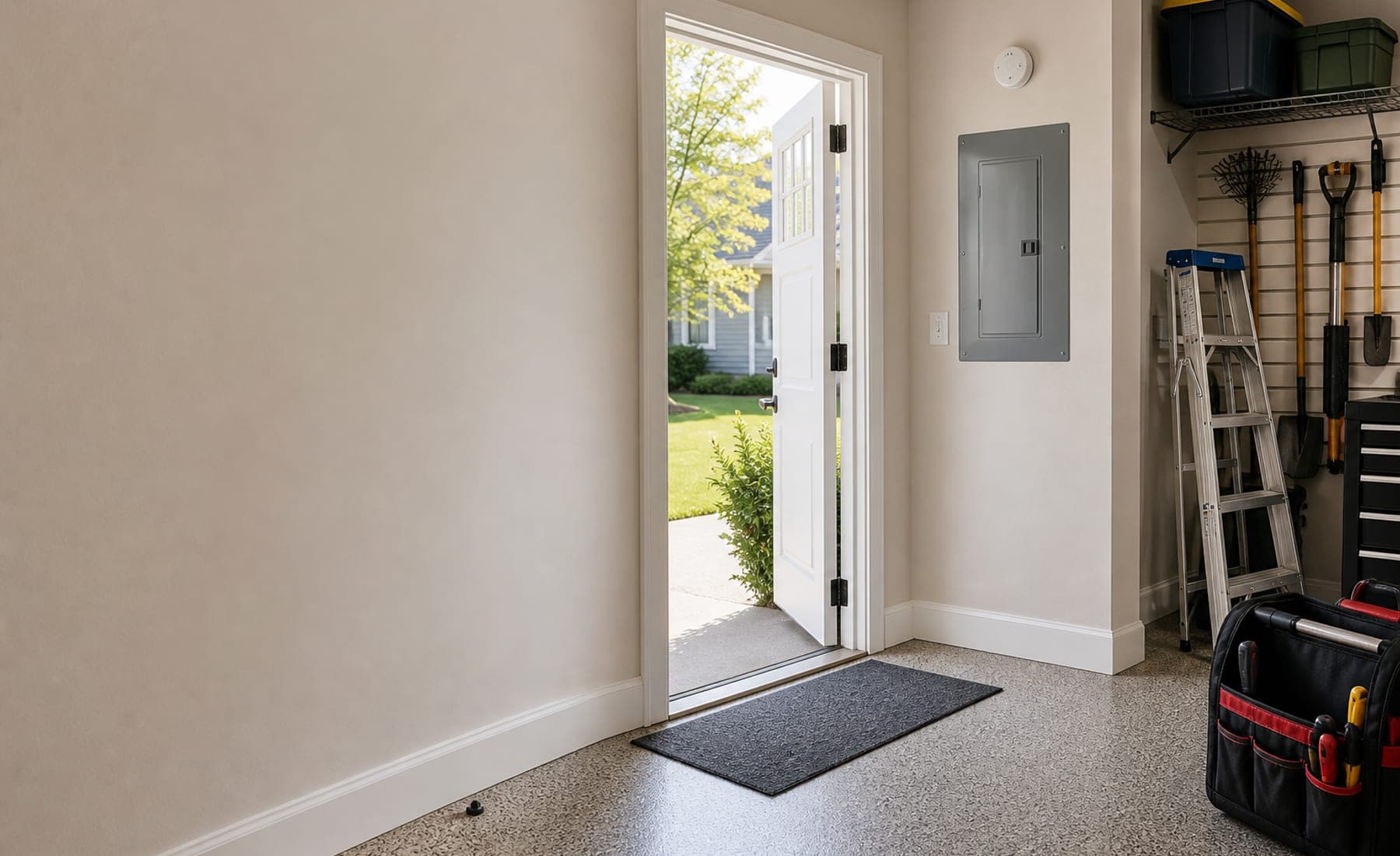 Clean home maintenance area with ladder, tools, and entry repair details