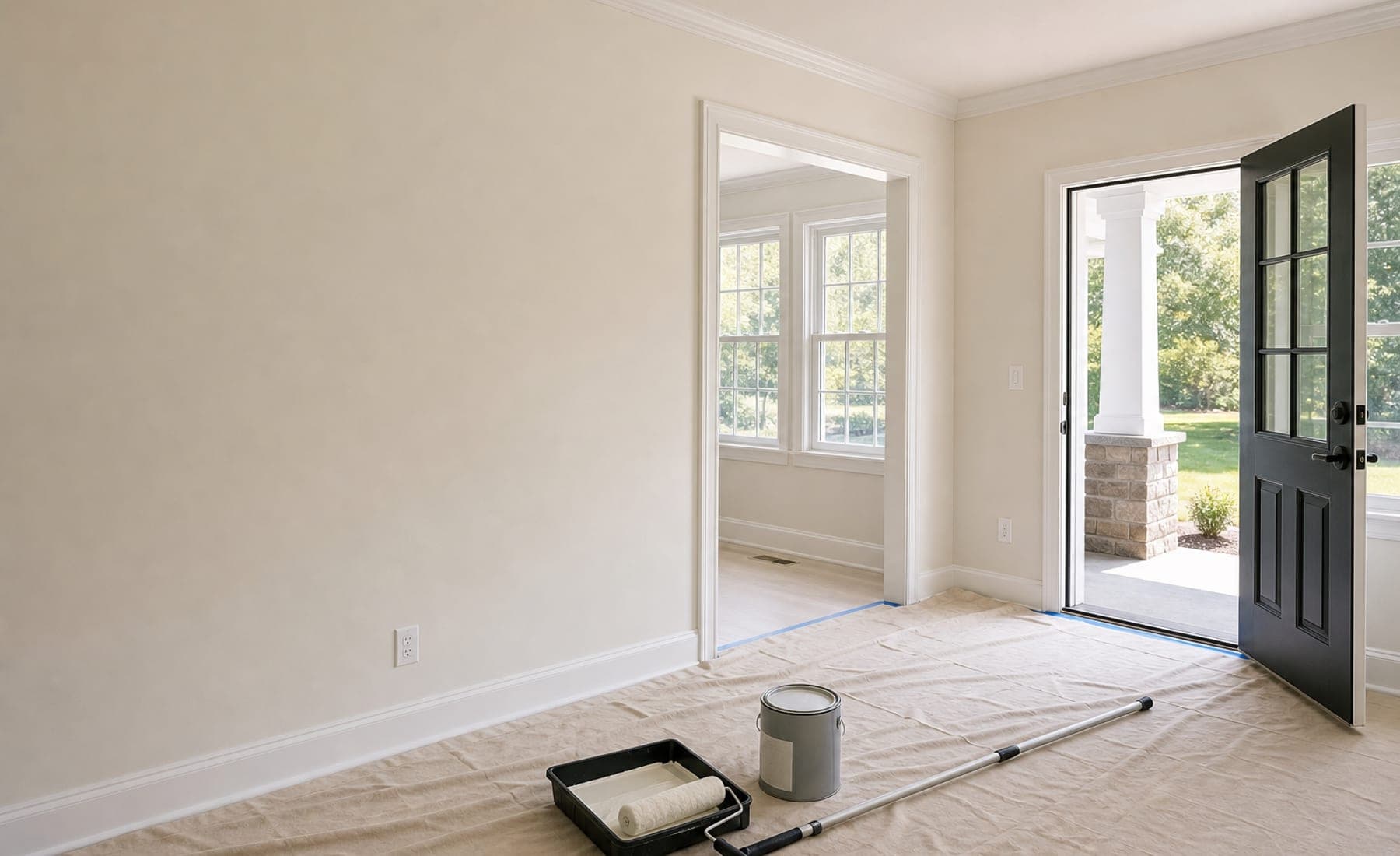 Interior room prepared for painting with protected floors and natural light