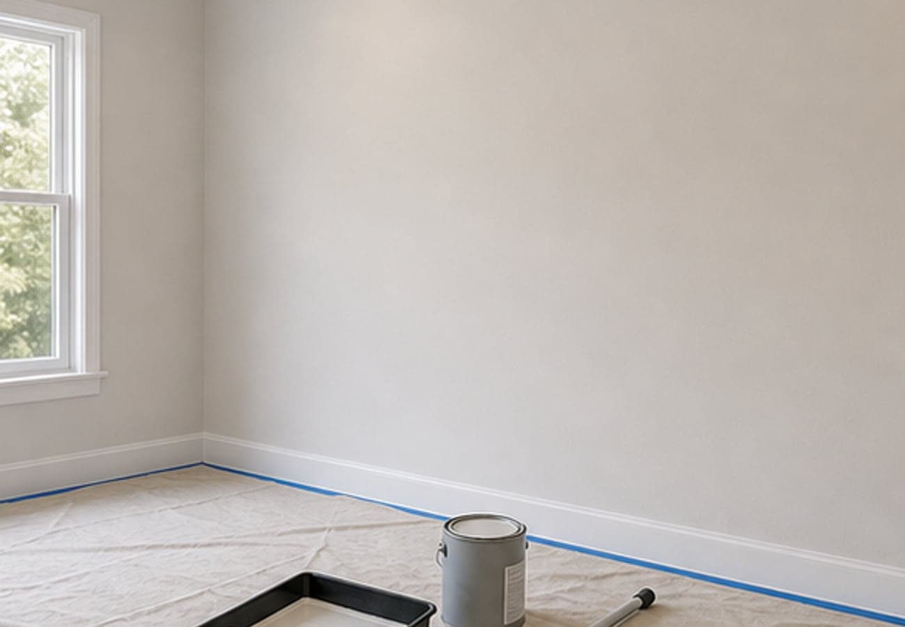 Interior wall painting preparation with protected floor and paint can